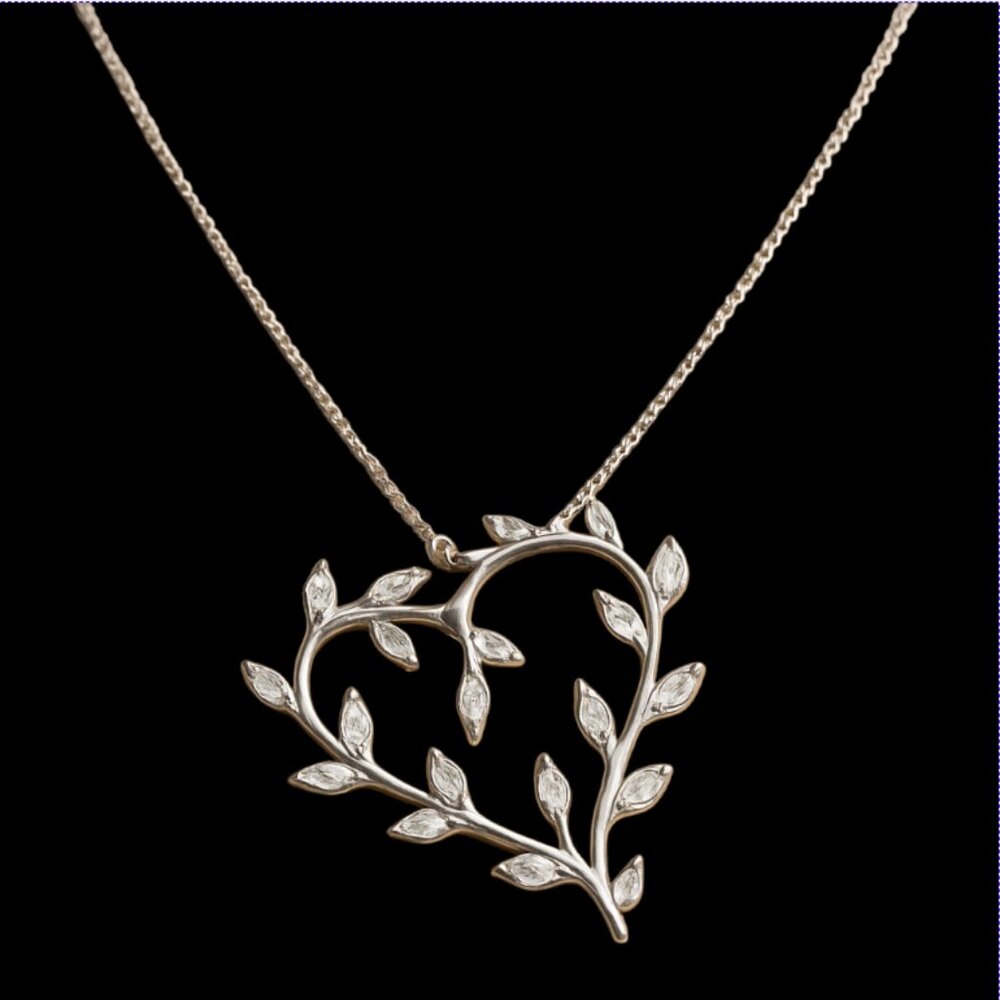 FAUX DIAMOND HEART NECKLACE -- Silver Chain, Heart Shaped, Silver Filigree Style